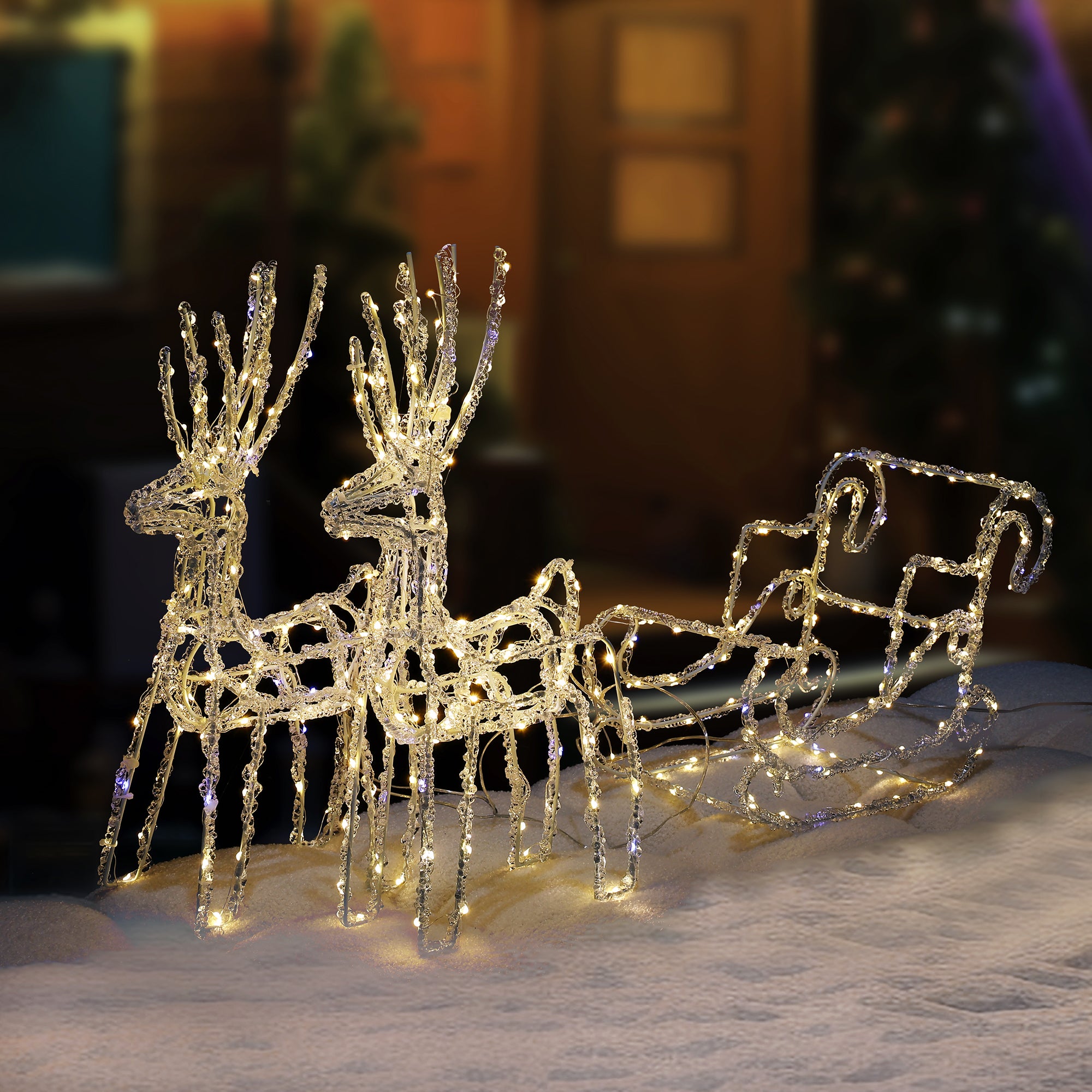 LED Pre-Lit Acrylic Two Reindeer with Sleigh