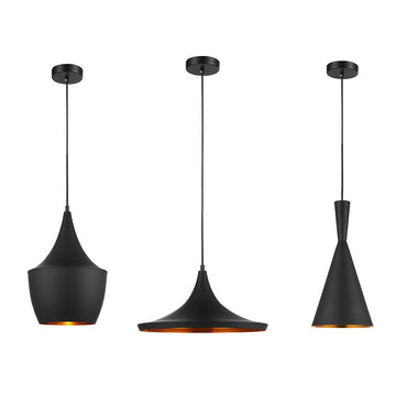 CAVIAR Black Mexican Hat / Angled Bell / Cone Shape Pendant Light with Gold Dimpled Internal