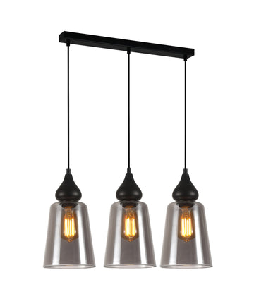 JEREZ2 Interior Black Smoke Glass Flat Top Ellipse Pendant Light- 3 lits Straight