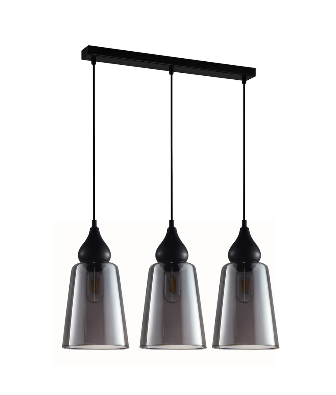 JEREZ2 Interior Black Smoke Glass Flat Top Ellipse Pendant Light- 3 lits Straight