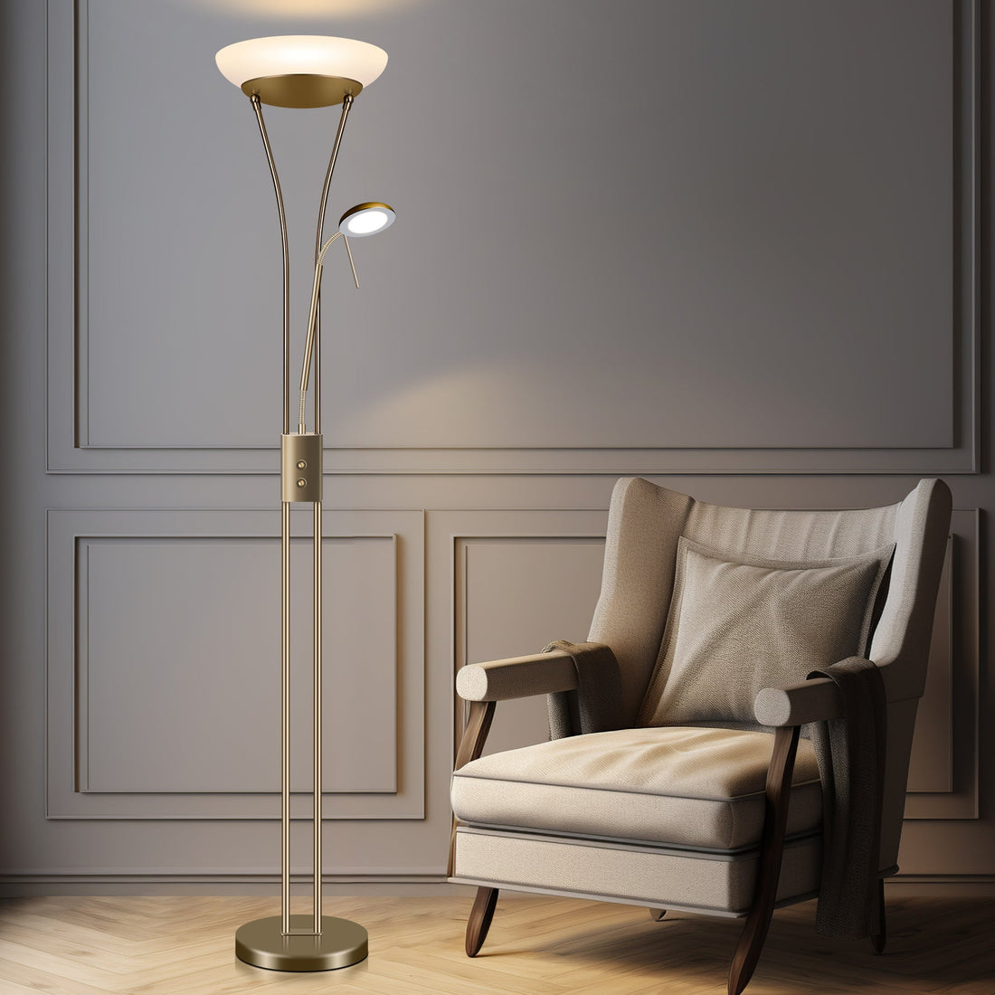 Reed LED Mother & Child Floor Lamp - Antique Brass