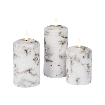 Set of 2 LED Marble Effect Wax Pillar Candles - 3 Size Options