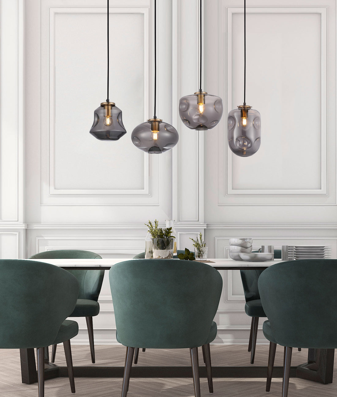 FOSSETTE Interior Dimpled Smoked/ Effect Glass Pendant Light- Angled Bell